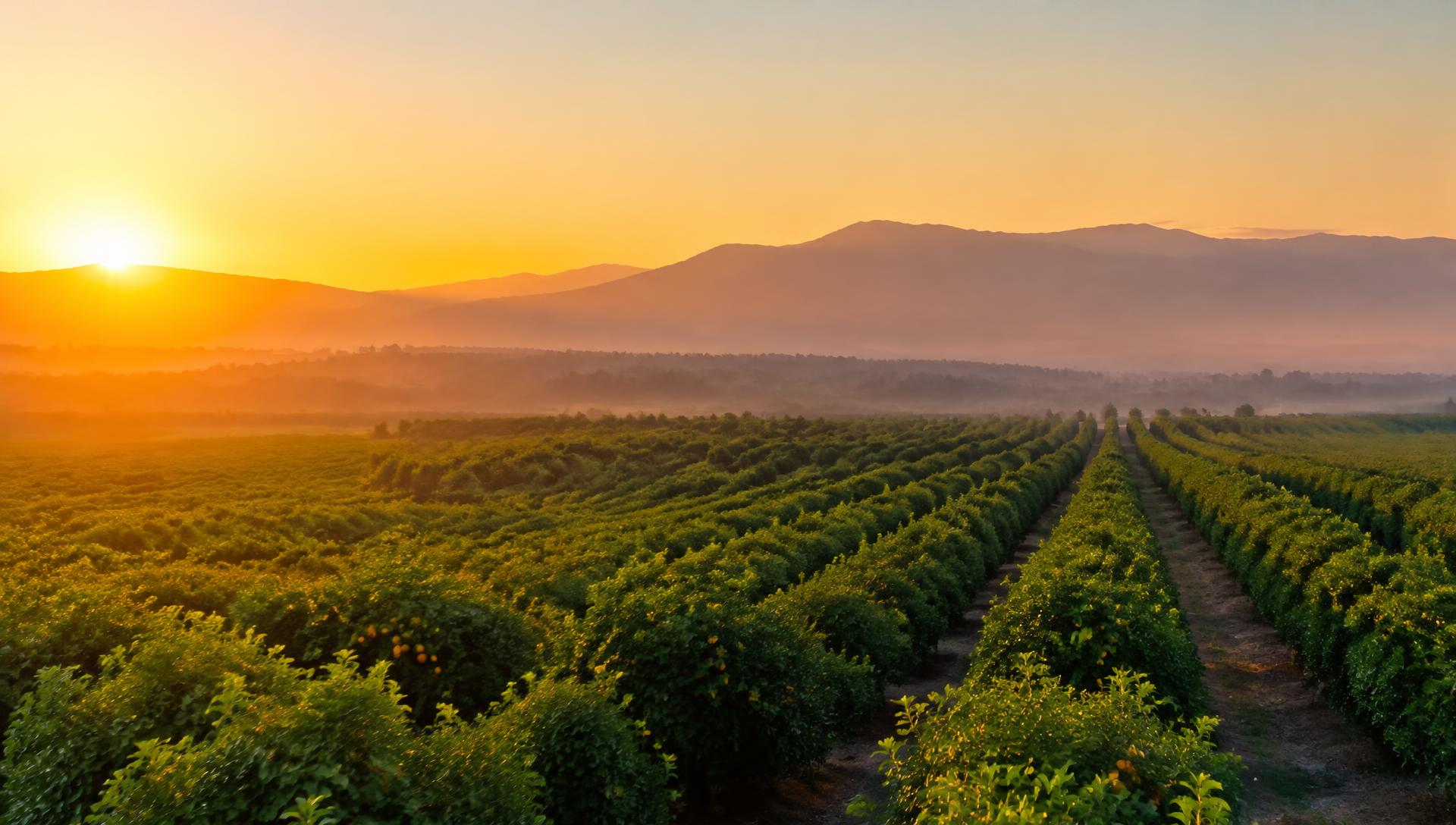Rows of orchard trees in warm evening light