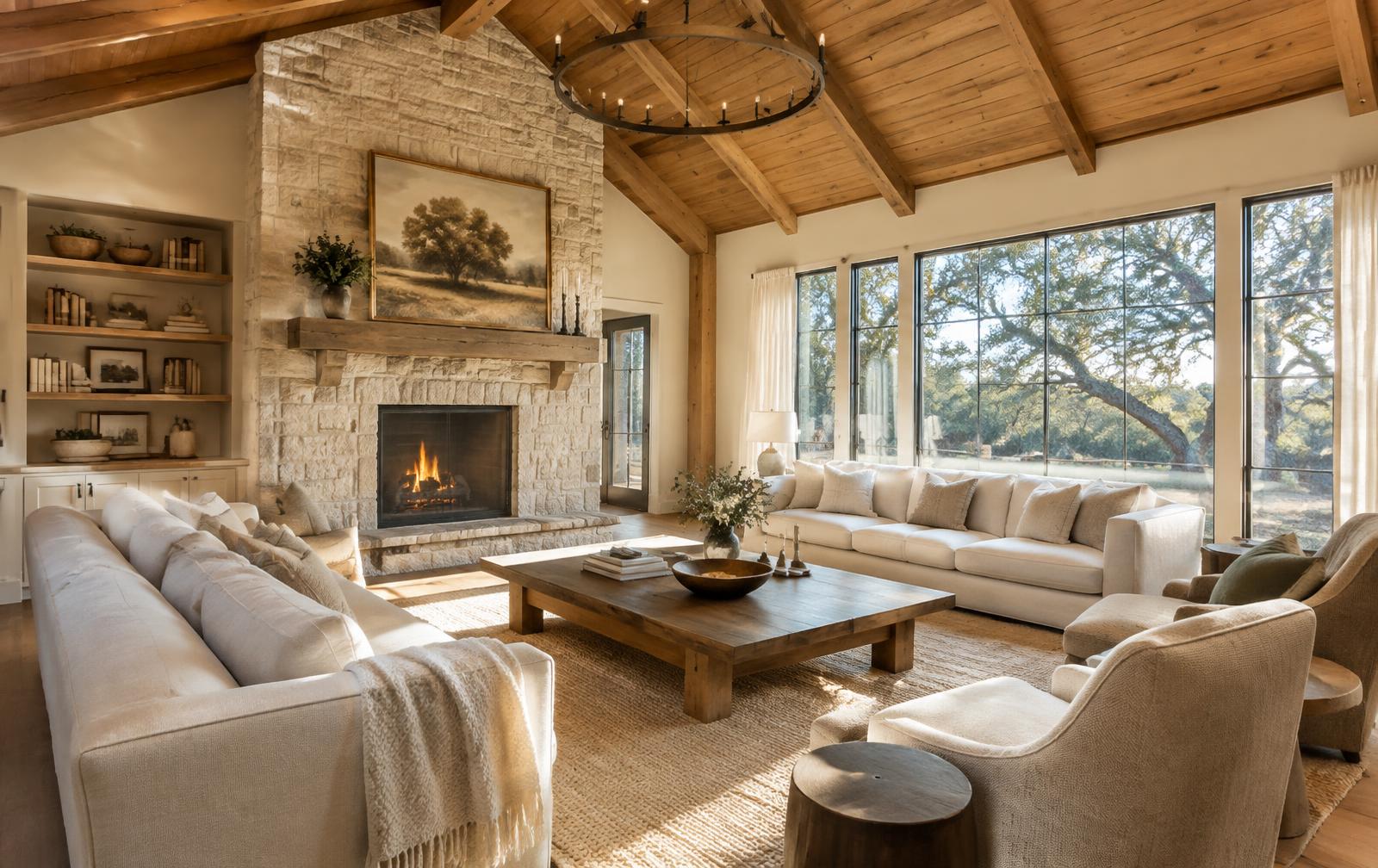 Warm living room with stone fireplace